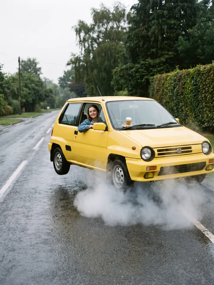 AI Flying Car: Wet morning road